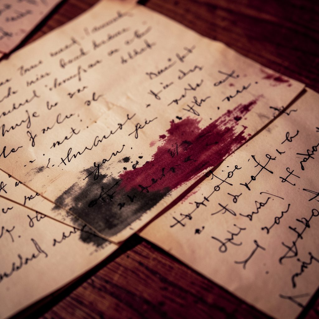 A warm, softly lit composition of handwritten pages scattered across a wooden surface, with deep burgundy and cream tones, evoking intimate personal reflection